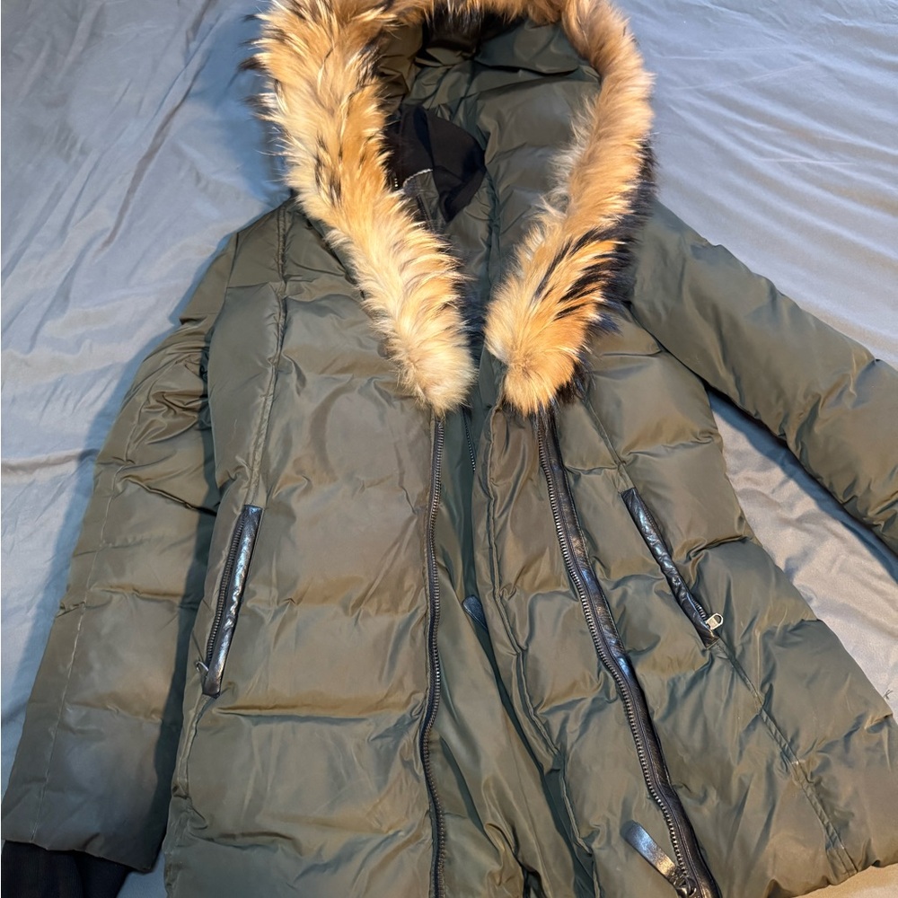 Women's Mackage Adali Olive Hooded Down Jacket with Faux Fur Trim